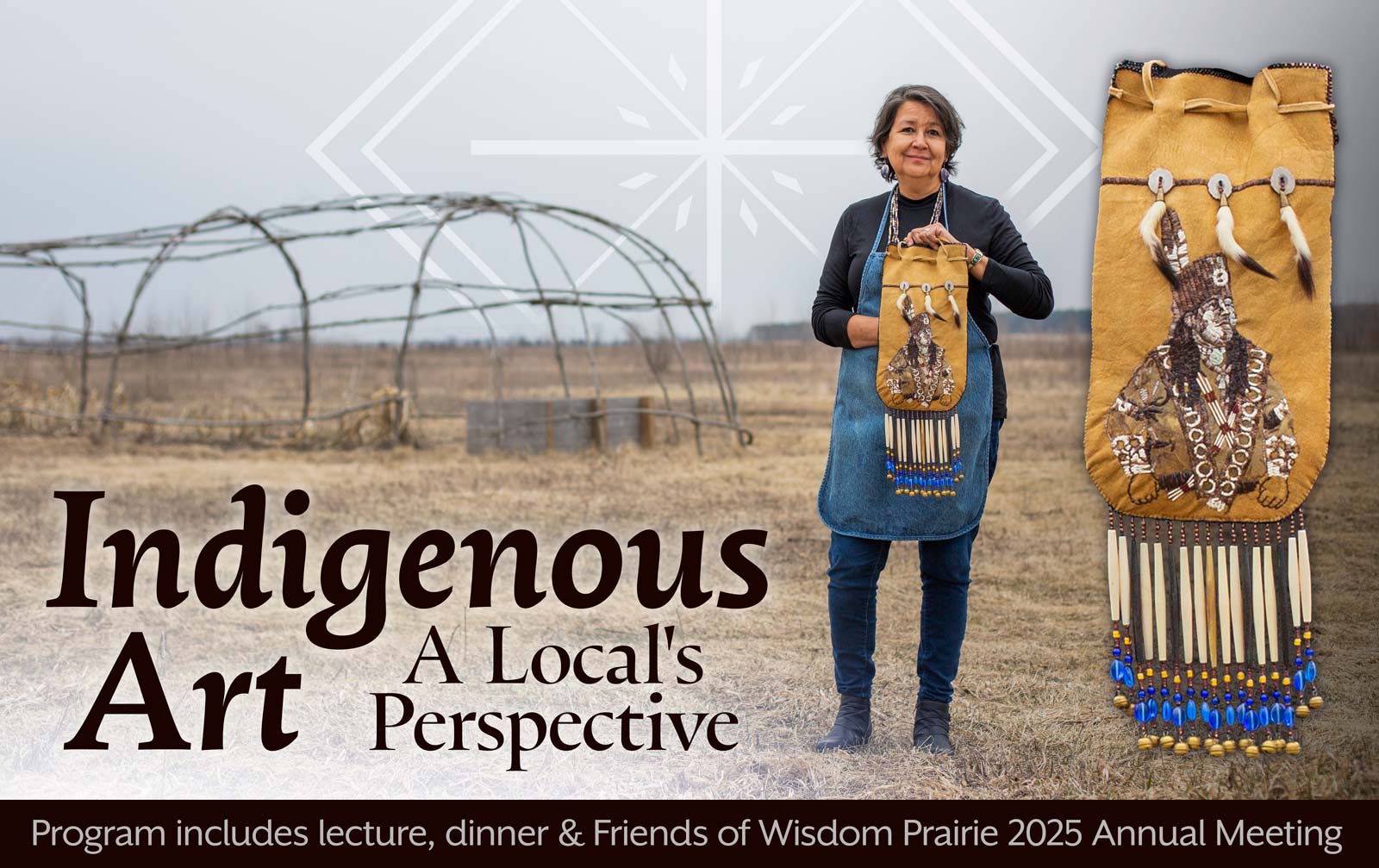 A woman stands outdoors holding Indigenous art, with a large art piece displayed beside her; text promotes an Indigenous Art event and annual meeting.