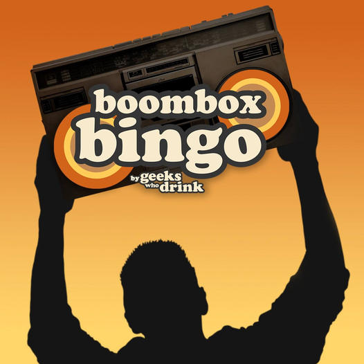 Silhouette of a person holding a boombox over their head against an orange background. Text reads "boombox bingo by geeks who drink.