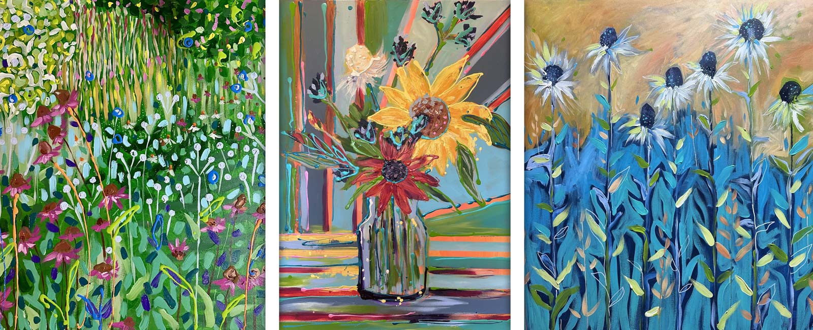 Three colorful paintings: a wildflower field, a vase with sunflowers and other flowers on a striped table, and tall blue flowers with white petals against a golden background.