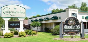 a large sign in front of a building