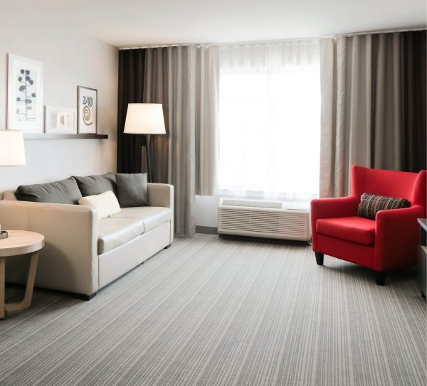 A living room in a hotel room.