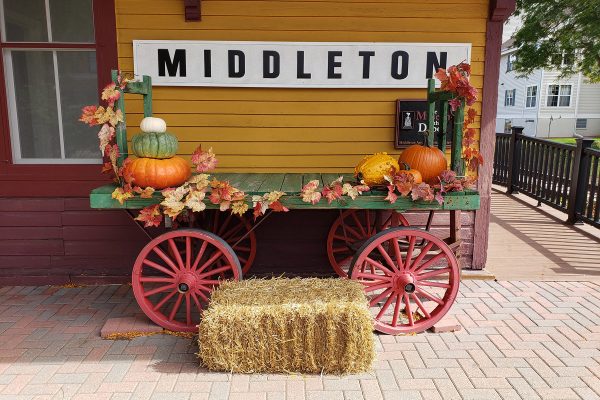 a red wagon with hay and pumpkins on it.