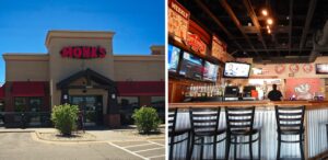 two pictures of a restaurant and a man sitting at the bar