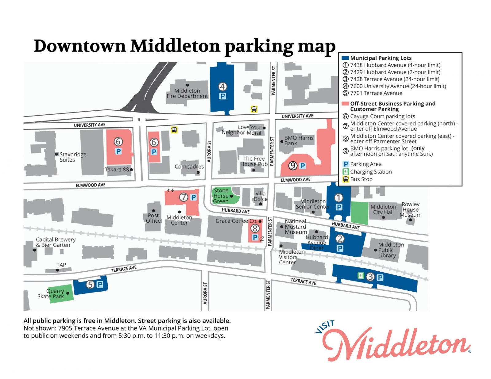 Map of Downtown Middleton showing parking areas, streets, and businesses. Includes municipal parking lots and off-street business parking options with time limits.