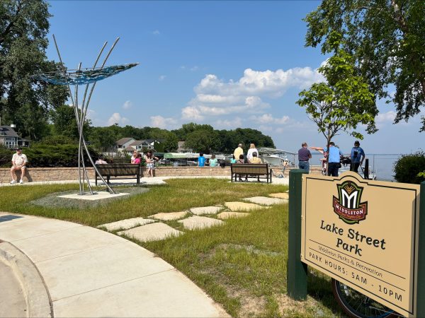 People are gathered at Lake Street Park near a sculpture and benches, with a sign in the foreground and houses and a lake visible in the background on a sunny day.