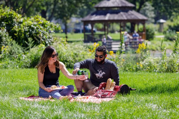 a man and a woman sitting on a blanket in a park.