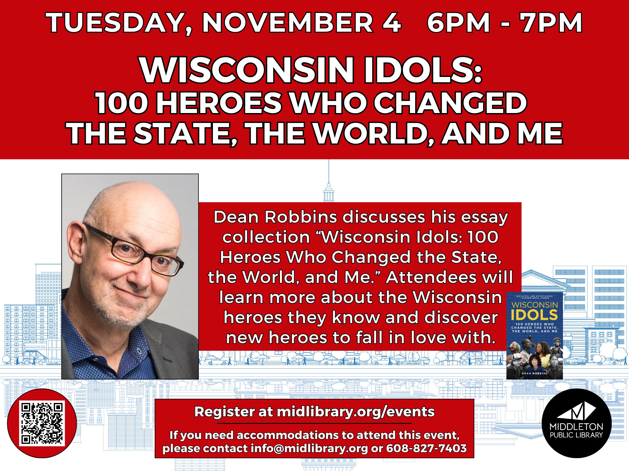 Promotional flyer for an event with Dean Robbins discussing his essay collection "Wisconsin Idols" on November 4, 6–7pm, hosted by the Middleton Public Library.