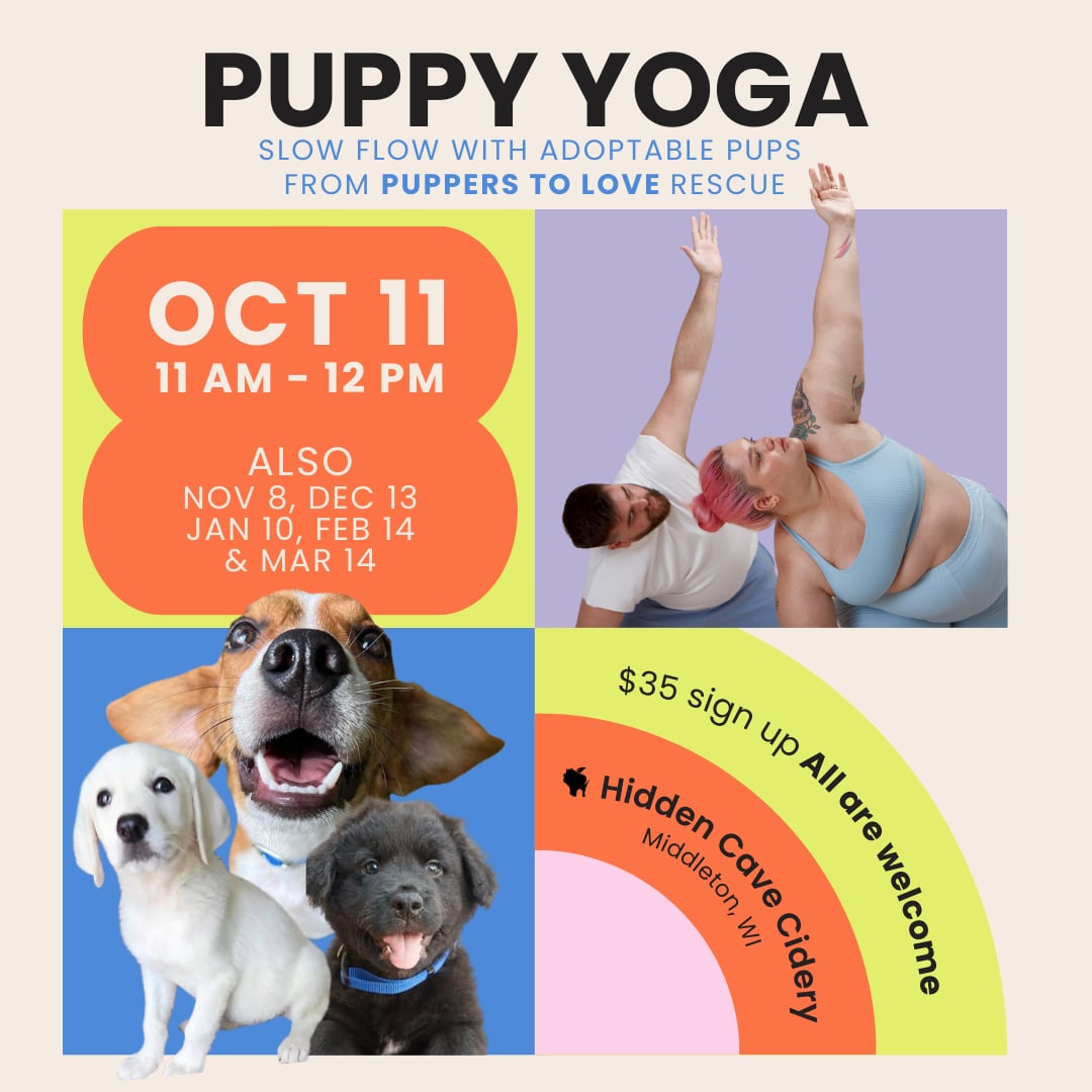 A puppy yoga event flyer with dates, times, location at Hidden Cave Cidery, images of people doing yoga, and two puppies. All are welcome; $35 sign up fee.
