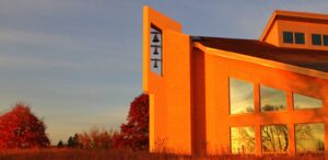 a building with a sign on the front of it