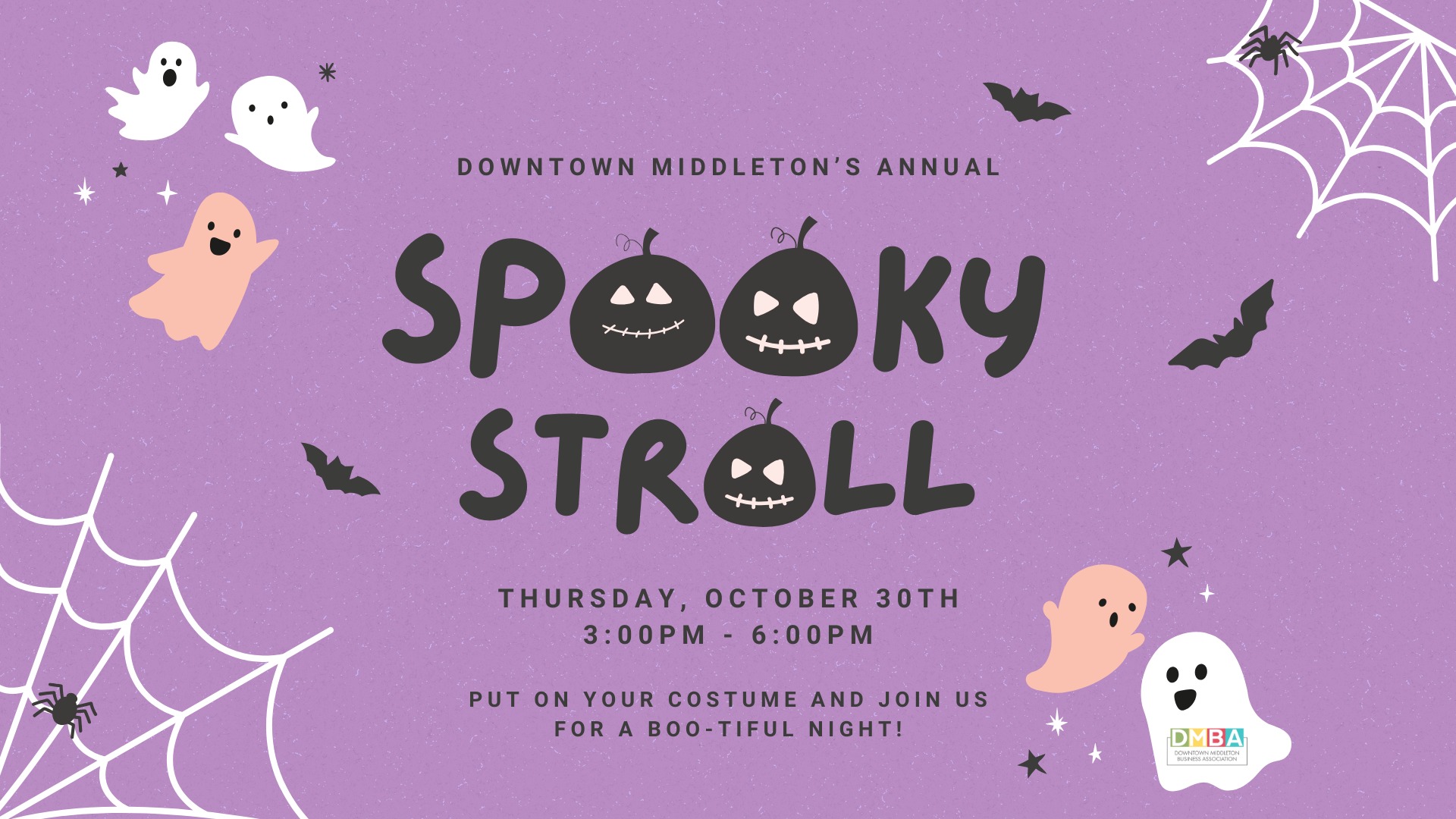 Purple flyer for Downtown Middleton's Annual Spooky Stroll with ghosts, bats, cobwebs, and event details: October 30th, 3-6pm. Join us for Halloween fun—costumes encouraged and plenty of Trick or Treat excitement!.