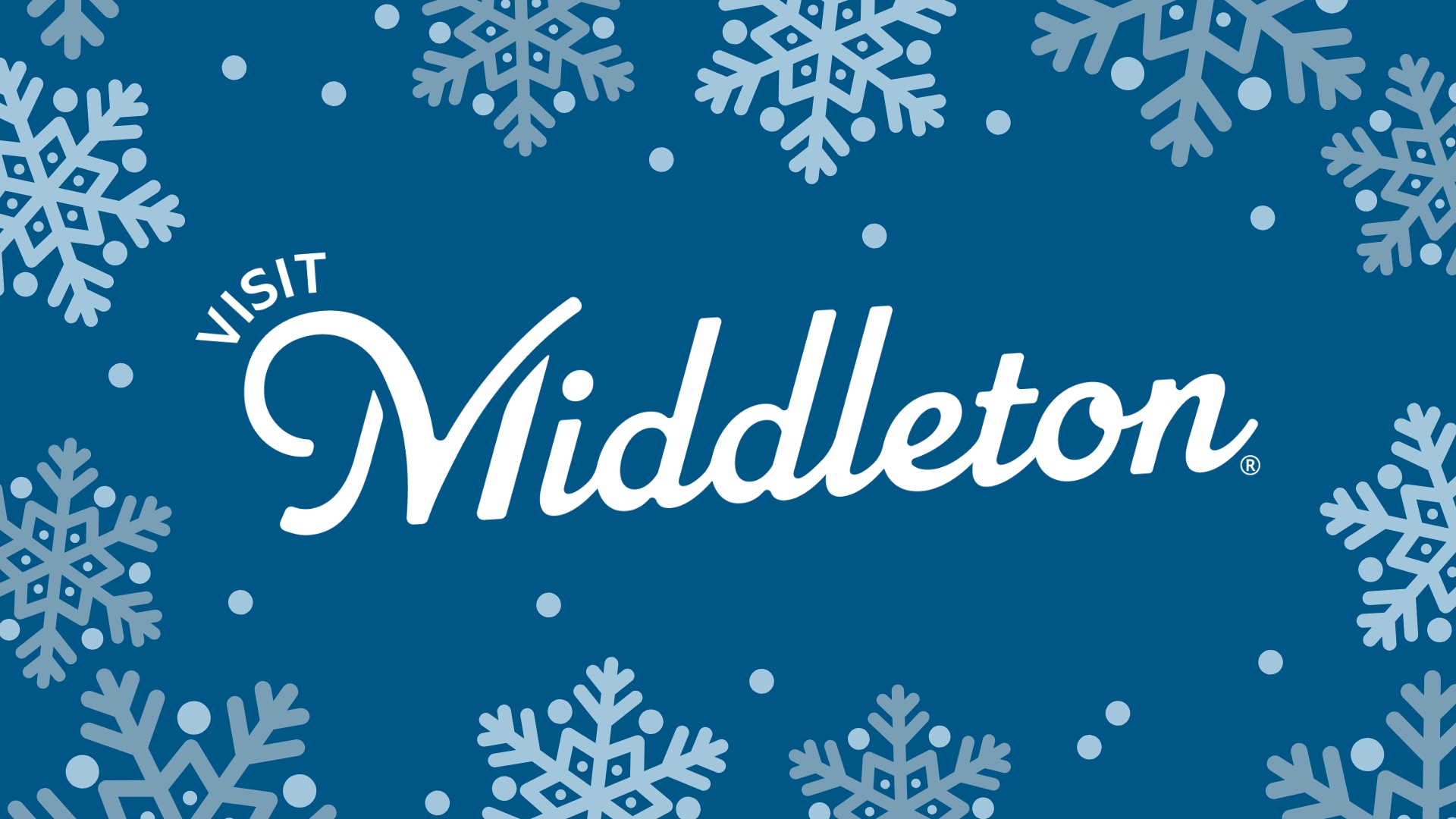 Visit Middleton" text in white script on a blue background with white snowflakes and dots.