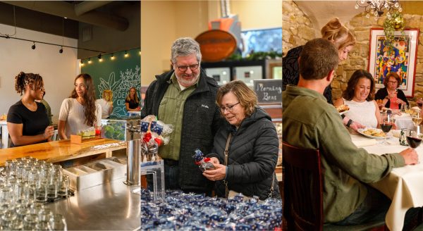 A collage of pictures of people at a restaurant.